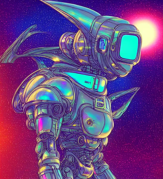 Prompt: a portrait of a mecha dragon in a iridescent intricate spacesuit, galactic landscape, space travel, lens flare, digital art, 4 k, golden synthwave color palette, vintage sci - fi, soft grainy, inspired moebius, inspired by tim white, in the style of studio ghibli