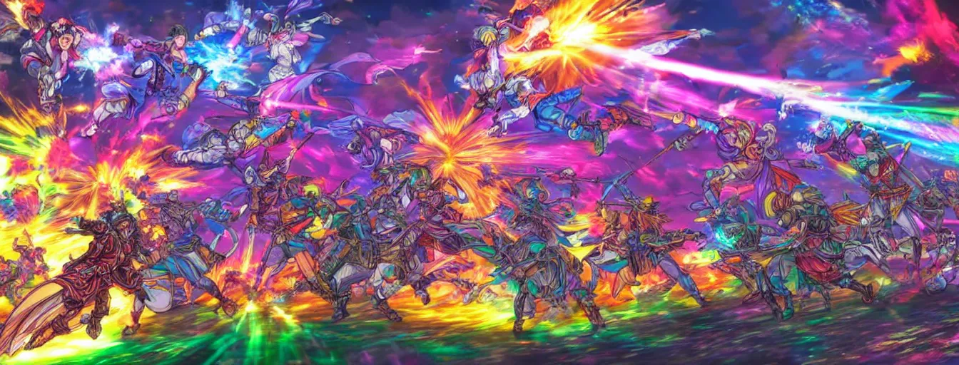 Prompt: super colorful rainbow souls fighting on a battlefield with spirit power flying around. hyperrealistic anime background illustration by kim jung gi, colorful, extremely detailed intricate linework, smooth, super sharp focus, bright colors, high contrast, matte, octopath traveler, unreal engine 5 highly rendered, global illumination, radiant light