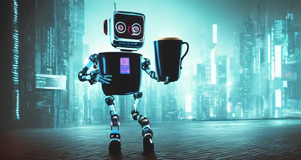 Prompt: a cyberpunk robot holding from a giant cup of coffee, background is a neon cityscape, product shot, cinematic lighting, digital art, h 9 6 0