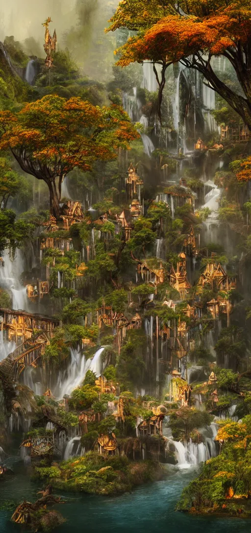 Image similar to a wooden elven City with golden roofs, with arches and bridges on top of a WATERFALL in the fall , gnarly trees, lush vegetation, forrest, a small stream runs beneath the waterfall, landscape, raphael lacoste, eddie mendoza, alex ross, concept art, matte painting, highly detailed, rule of thirds, dynamic lighting, cinematic, detailed, denoised, centerd