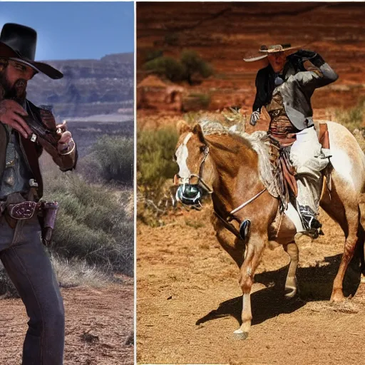 Image similar to stable diffusion vs midjourney in a wild west shootout, cinematic