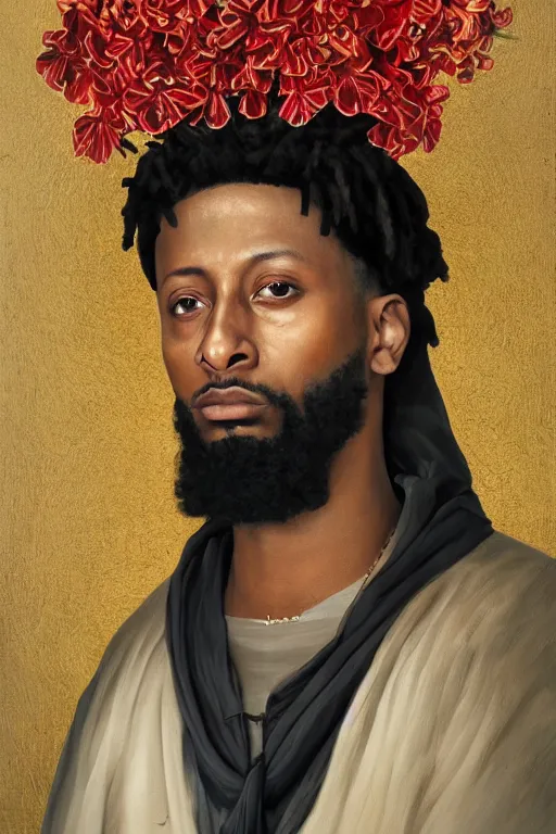 Image similar to breathtaking detailed concept art painting of 2 1 savage, orthodox saint, with anxious, piercing eyes, ornate background, amalgamation of leaves and flowers, by hsiao - ron cheng, extremely moody lighting, 8 k