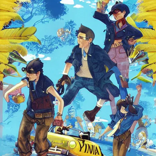 Image similar to The Banana Blue Gang, game poster printed on playstation 2 video game box , Artwork by Akihiko Yoshida, cinematic composition