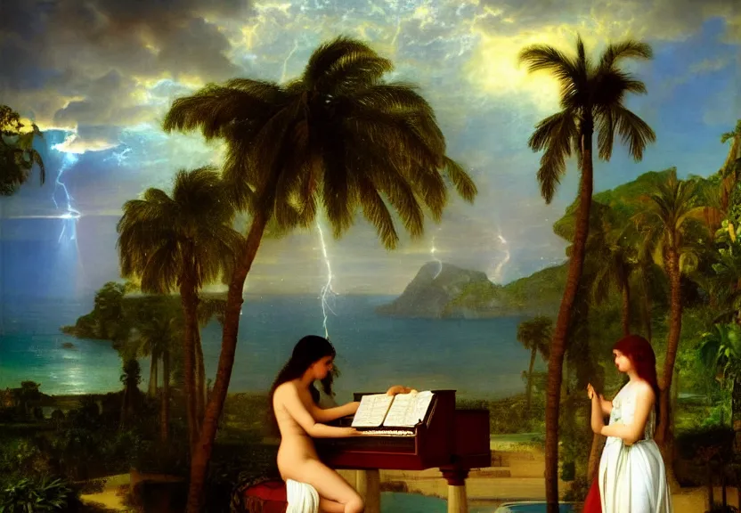 Image similar to Girl playing the palace piano, refracted sparkles, thunderstorm, greek pool, beach and Tropical vegetation on the background major arcana sky, by paul delaroche, hyperrealistic 4k uhd, award-winning, very very very detailed