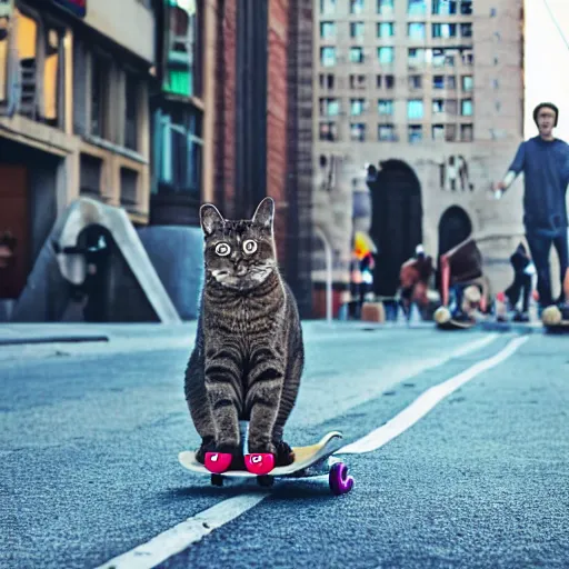 Prompt: photo cat rides on skateboard in big city