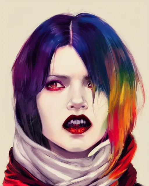 Prompt: half - vampire woman, white and multicolored hair and a scarf around her neck, with cute - fine - face, pretty face, multicolored hair, fine details by realistic shaded lighting poster by ilya kuvshinov katsuhiro otomo, magali villeneuve, artgerm, jeremy lipkin and michael garmash and rob rey