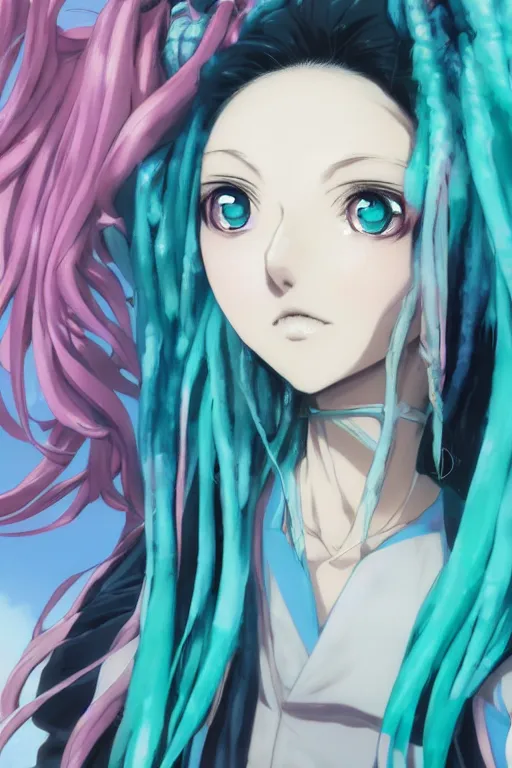 Prompt: portrait of an anime manga girl with teal and white dreads, straight on portrait, by artgerm, james jean, tom bagshaw, gerald brom, vaporwave colors, lofi colors, vaporwave, lofi, goth vibe, 4 k, smooth, hd, substance designer render, full body character concept art, symmetrical, perfect face, detailed face,