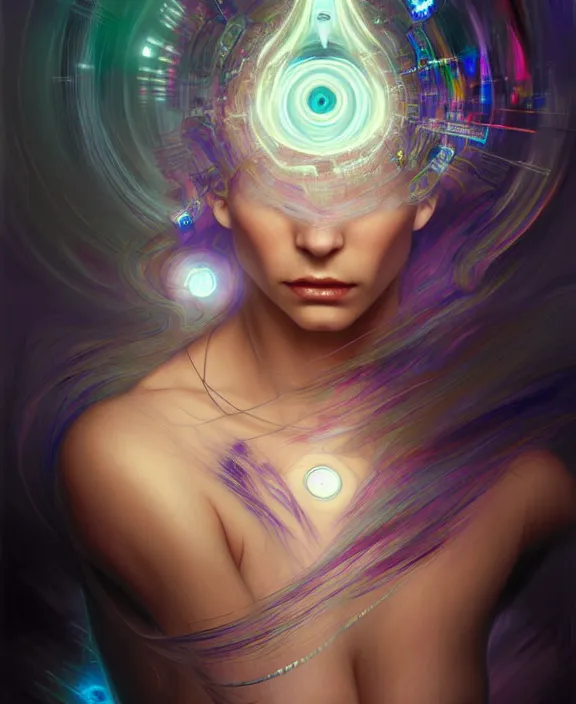 Image similar to a whirlwind of souls rushing inside the metaverse, hologram, half body, neurochip, shaved temple, piercing, jewelry, android, cyborg, cyberpunk face, by loish, d & d, fantasy, intricate, elegant, highly detailed, colorful, digital painting, artstation, concept art, art by artgerm and greg rutkowski and alphonse mucha