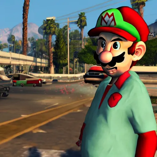 Prompt: GTA V screenshot with mario in it