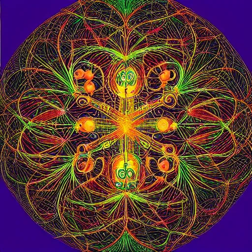 Image similar to quantum connections represented as symbiotic organisms like cells playing around with colorful lights by ernst haeckel