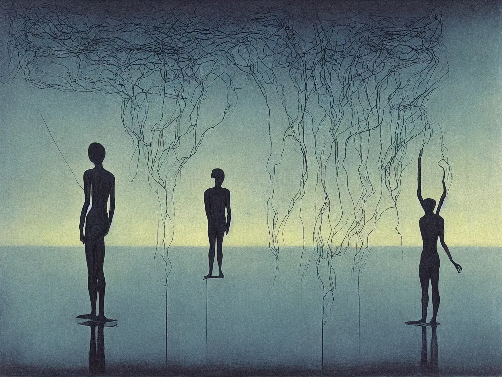 Prompt: human made of transparent glass with visible nervous system floating over the dark lake. painting by max ernst, agnes pelton, rene magritte, walton ford, caspar david friedrich