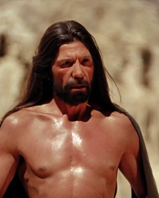 Prompt: film still close - up shot of vince mcmahon as jesus from the movie the passion of the christ. photographic, photography