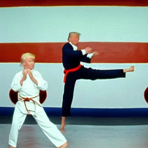 Image similar to still of donald trump as the karate kid, crane kick