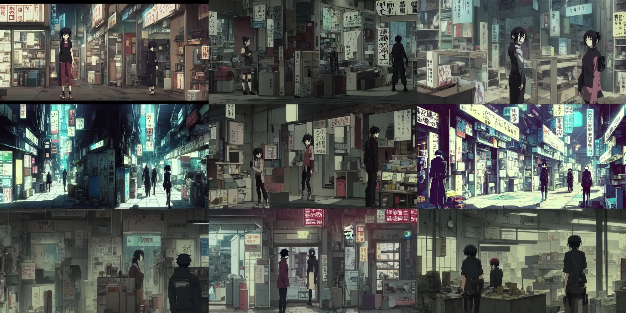 Prompt: a quiet quiet quiet shop in the cyberpunk anime film, Shichiro Kobayashi, screenshot in the anime series ergo proxy and Detroit metal city, hazy and dreary