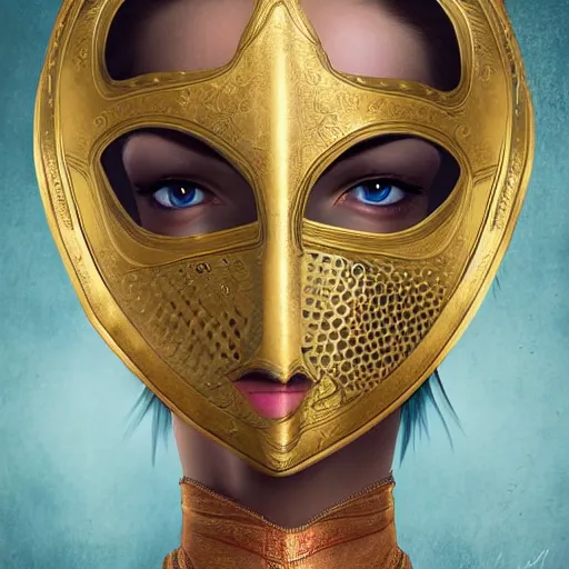 Image similar to portrait of a beautiful female knight with half faced mask, illustration, digital art, highly detailed