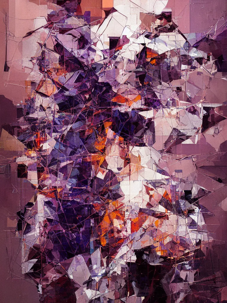 Prompt: a beautiful glitched square geometric painting by robert proch and emilio pettoruti of an anatomy study of the human nervous system on top of white rectangle shapes, color bleeding, pixel sorting, copper oxide and rust materials, brushstrokes by jeremy mann, dramatic lighting, pastel purple background