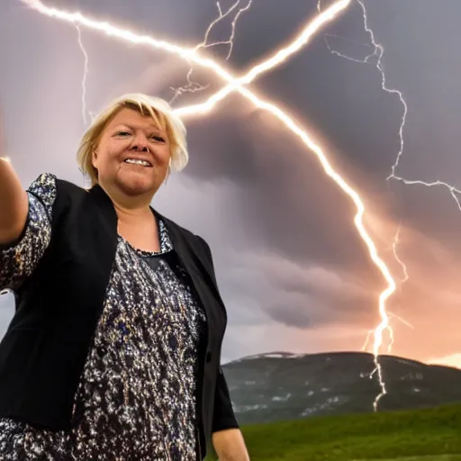 Image similar to Erna Solberg powering Norwegian village by shooting lightning out of her hands, glowing eyes