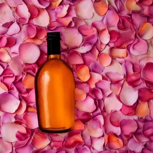 Image similar to bottle buried in luscious pink rose petals, peach background, soft femme, romantic environment, up close shot