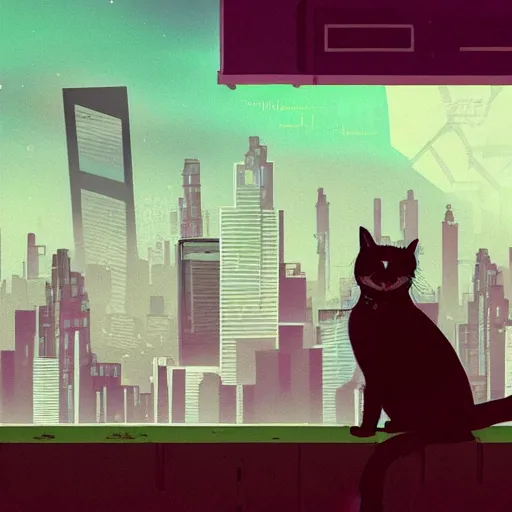 Image similar to Stray cat sitting on a roof watching a cyberpunk futuristic city