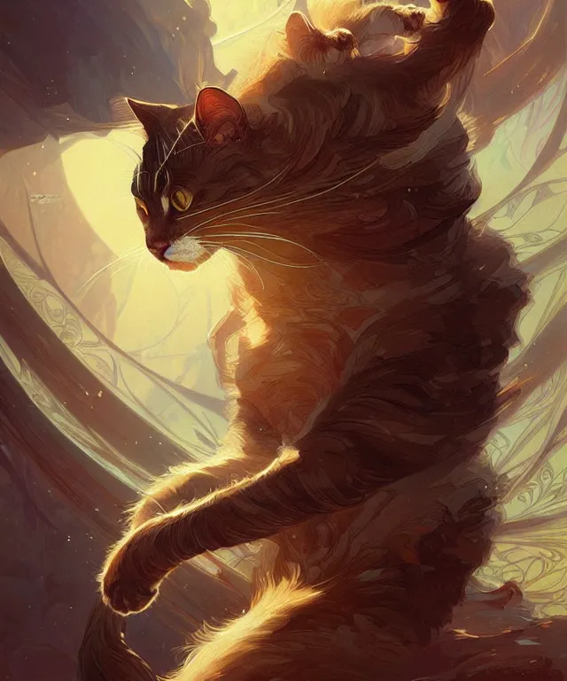 Image similar to A very angry cat, fantasy, intricate, elegant, highly detailed, digital painting, artstation, concept art, smooth, sharp focus, illustration, art by artgerm and greg rutkowski and alphonse mucha