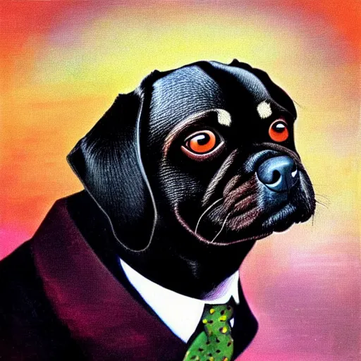 Prompt: a salvador dali portrait of black pugalier dog wearing suit and tie, surreal background, by salvador dali, trending on instagram, award winning details