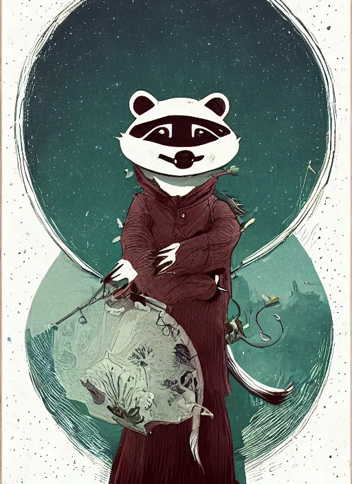 Image similar to a fantasy illustration portrait of an anthropomorphic raccoon mage, by victo ngai, by stephen gammell, by george ault, in the style of animal crossing, artstation