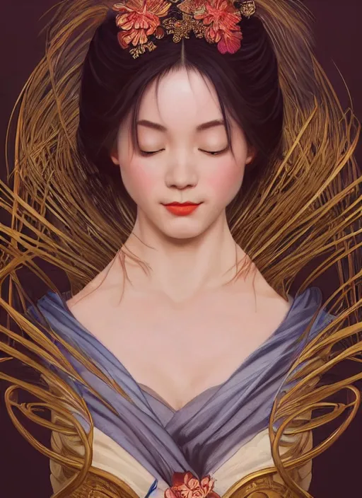 Prompt: ultra realistic illustration, smiling geisha prima ballerina, sci - fi, fantasy, symmetrical face, intricate, elegant, highly detailed, digital painting, artstation, concept art, smooth, sharp focus, illustration, art by artgerm and alphonse mucha