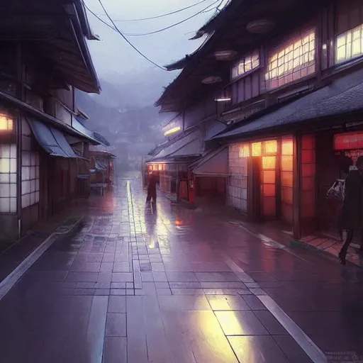 Image similar to walking around ozu city and shimonad station, ehime, japan. volumetric lighting, realistic illustration, perfectly shaded, soft painting, art by krenz cushart and wenjun lin