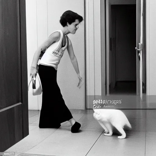 Prompt: detailed professional photographic portrait of young Sigourney Weaver wearing a white singlet and her cat moving apartment New York City 1983, building entrance way Art Deco,, cinematic feel, high octane