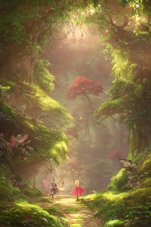 Image similar to forest path, fairy, beautiful ancient trees, hiding large treasure chest, glowing fireflies, serene evening atmosphere, soft lens, soft light, cel - shading, animation, in the style of cgsociety, deviantart, artstation, zbrush, cinema 4 d, studio ghibli, akihiko yoshida, atelier lulua, masamune shirow