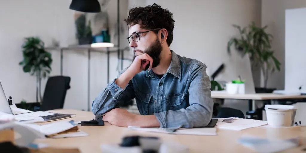 Prompt: freelancer content creator working overtime to respect deadline sitting at desk in start - up business office