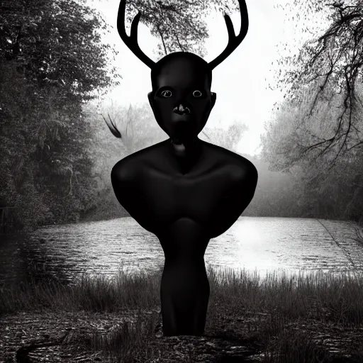 Prompt: photo of a black humanoid figure with antlers on his head, no facial features, near a pond, horror setting, photorealistic,