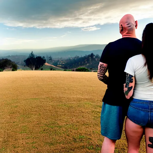 Prompt: portrait of a bald white male tattoos and his white female brown hair wife with tattoos. male is wearing a white t - shirt, tan shorts, white long socks. female is has long brown hair and a lot of tattoos. photo taken from behind them overlooking the field with a goat pen. rolling hills in the background of california and a partly cloudy sky