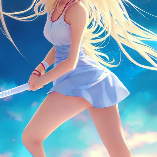 Prompt: a very beautiful young anime tennis girl, very angry, full body, long wavy blond hair, sky blue eyes, full round face, short smile, bikini, miniskirt, highly detailed, cinematic wallpaper by stanley artgerm lau