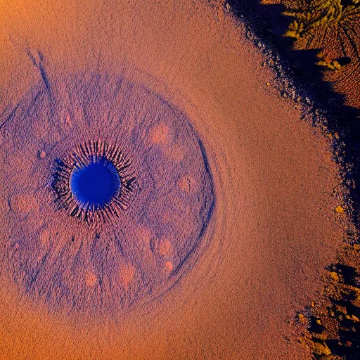 Prompt: landscape photo of a crater in the desert that mimics the shape and macro!!! detail!!! of an iris! and pupil!, centered!! high detail, drone photo, golden hour, medium format