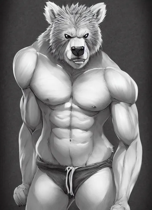 Image similar to award winning beautiful portrait commission art of a muscular male furry anthro grizzly bear fursona with a cute beautiful attractive detailed furry face wearing gym shorts and a tanktop at the gym. Character design by charlie bowater, ross tran, artgerm, and makoto shinkai, detailed, inked, western comic book art