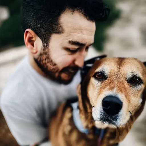 Image similar to [ selfie ]!!! of a man [ caressing a dog ]!!, trending on unsplash, 4 k photorealism, intricately detailed