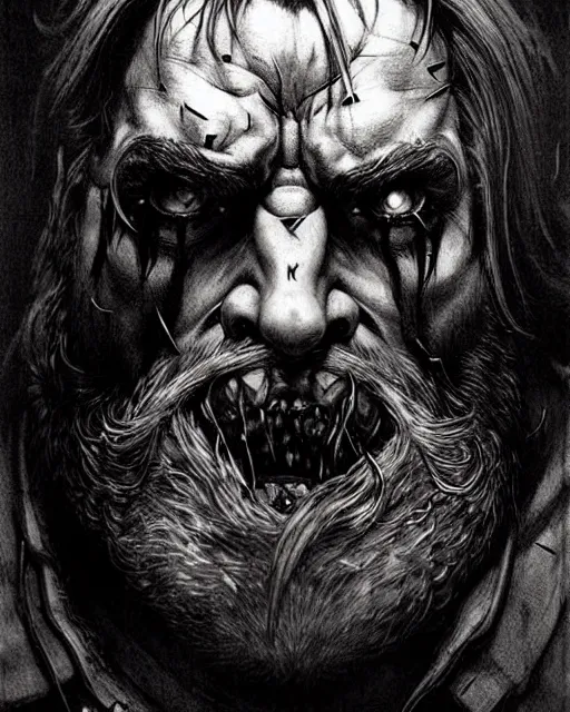 Prompt: reinhardt from overwatch, beard, slash scar through eye, character portrait, portrait, close up, concept art, intricate details, highly detailed, horror poster, horror, vintage horror art, realistic, terrifying, in the style of michael whelan, beksinski, and gustave dore