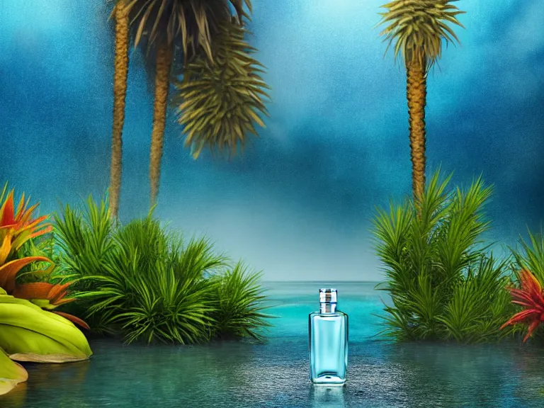 Image similar to perfume bottle in the center of a desert oasis in deep blue pond water surrounded by tropical flora ; 4 style of nicholas fols, 2 0 0 mm, mute dramatic colours, soft blur outdoor stormy sea background, volumetric lighting, hyperrealistic