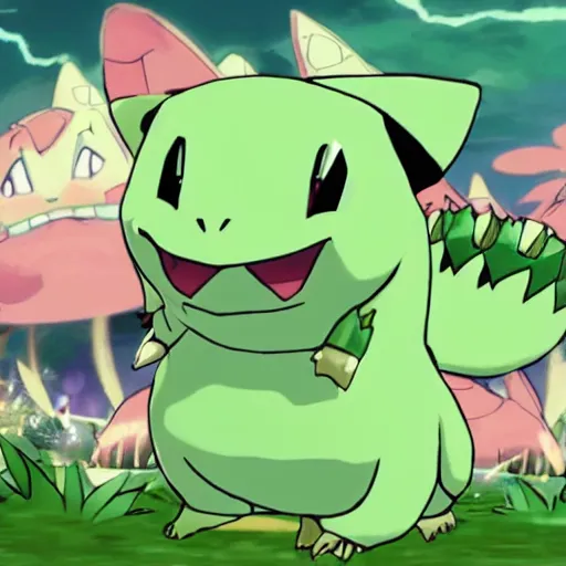 Image similar to danny de vito as a bulbasaur, anime, hyperdetailed, volumetric lighting, sharp focus, pokemon, ken sugimori