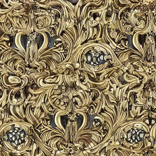 Image similar to a beautiful pattern made of ivory and gold, highly intricate, digital art, very detailed, in the style of a weird and dark eerie liminal art nouveau flemish painting, 8k,