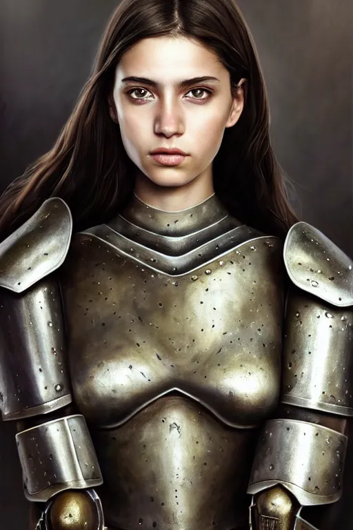 Image similar to a photorealistically painted portrait of an attractive young girl, partially clothed in metal-plated battle armor, with an abstractly painted background, flawless olive skin, fair complexion, long dark hair, beautiful bone structure, perfectly symmetric facial features, perfect photorealistic eyes, natural physique, intricate, elegant, digital painting, concept art, finely detailed, beautifully illustrated, sharp focus, minimal artifacts, volumetric lighting, from DOOM and Halo, by Ruan Jia and Mandy Jurgens and Artgerm and William-Adolphe Bouguerea, in the style of Greg Rutkowski, trending on Artstation, award winning art