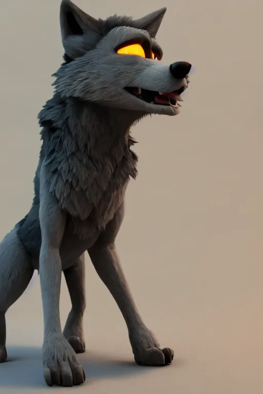 Image similar to a wolf wearing a black hoodie, Pixar style, 3D render, octane render, unreal engine 5, path tracing, cute, Disney style, 4K, natural lighting, high quality, highly detailed, low poly,