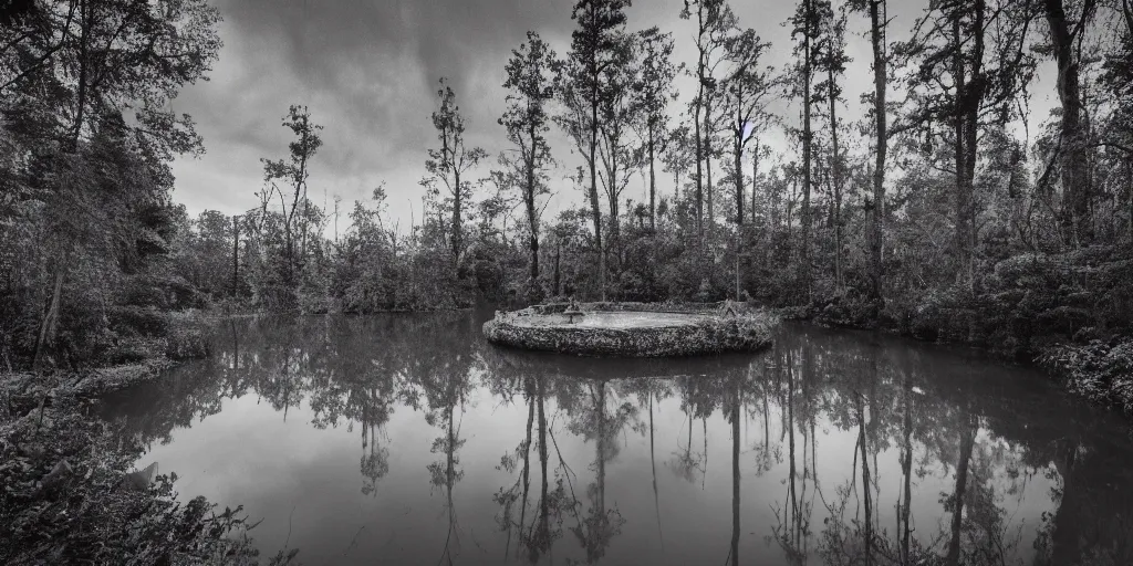 Image similar to photograph of a long rope snaking across the surface of the water, stretching out towards the vortex sinkhole at the center of the lake, a dark lake on a cloudy day, mood, trees in the background, anamorphic lens