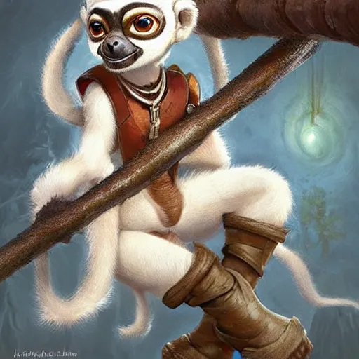 Image similar to cute little anthropomorphic sifaka progenitor wearing boots of the alien, tiny, small, miniature animal, baby animal, short, pale blue armor, cute and adorable, pretty, beautiful, DnD character art portrait, matte fantasy painting, DeviantArt Artstation, by Jason Felix by Steve Argyle by Tyler Jacobson by Peter Mohrbacher, cinematic lighting