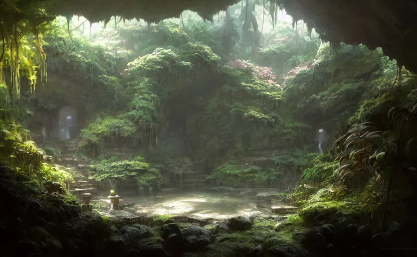 Image similar to painting of an interior of a hidden japanese hotspring in a small cave, fantasy, lush plants and flowers, natural light, concept art, by greg rutkowski, cozy atmospheric and cinematic lighting, trending on artstation