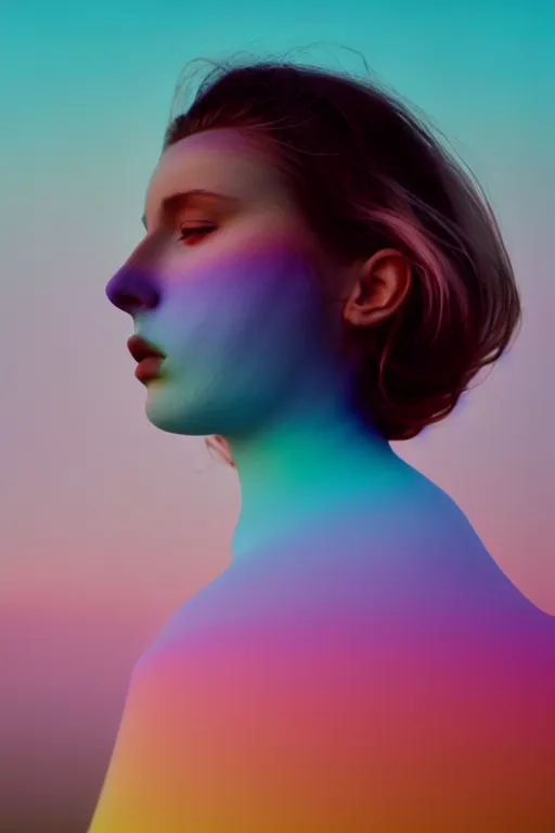 Image similar to high quality pastel coloured film close up wide angle photograph of a model wearing clothing resting on cloud furniture in a icelandic black rock!! environment in a partially haze filled dreamstate world. three point light, rainbow. photographic production. art directed. pastel colours. volumetric clouds. pastel gradient overlay. waves glitch artefacts. extreme facial clarity. 8 k. filmic.