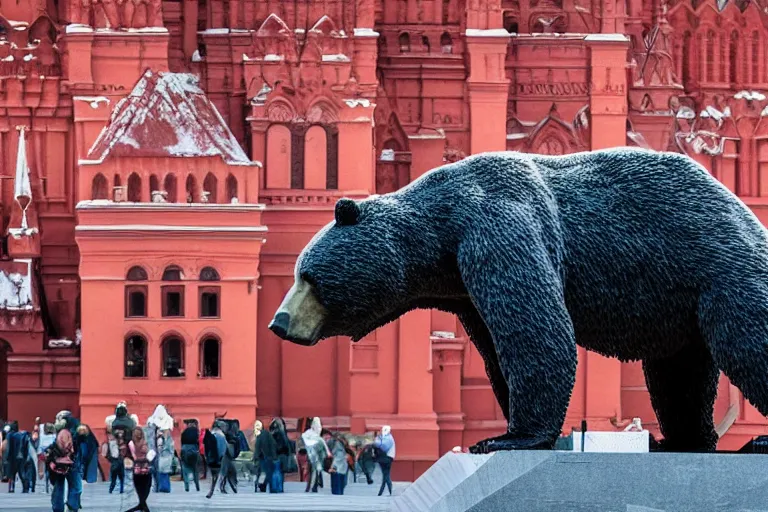 Image similar to a gigantic statue of bear holding a bottle of vodka in the middle of the red square, symmetry, awesome exposition, very detailed, highly accurate, 8 k, professional lighting diffracted lightrays, sense of awe