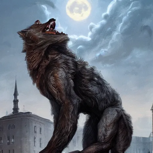 Image similar to werewolf sitting highly on lviv building, panorama, portrait, highly detailed, full body, digital painting, trending on artstation, concept art, sharp focus, illustration, art by artgerm and greg rutkowski and magali villeneuve