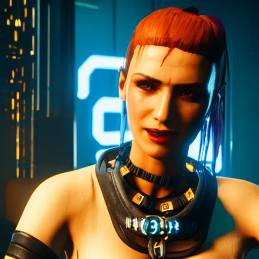 Prompt: female V from Cyberpunk 2077 wearing spiked choker, collar, choker, punk, collar, 4K